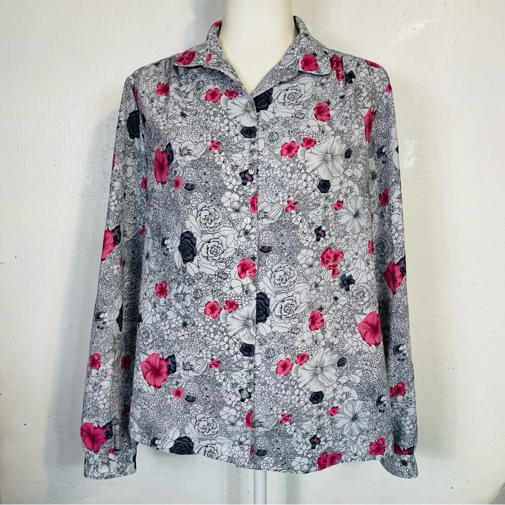 Vintage 70s 80s Pykettes Size 14 16 Button Down Floral Shirt Top Long Sleeve